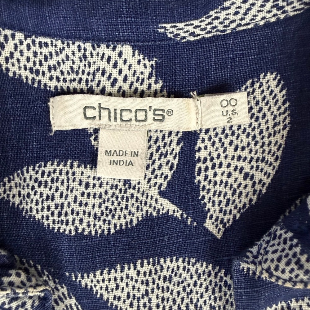 Chicos Navy Blue White Linen Botanical Leaf Print Shirt Dress Size 00 US 2 - Picture 4 of 9